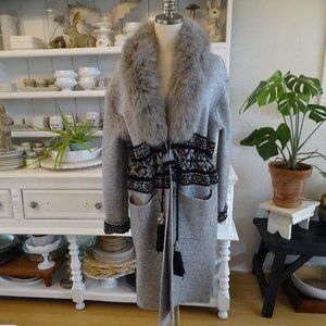 Beaded Wool Cardigan Sweater with Fox Fur Collar